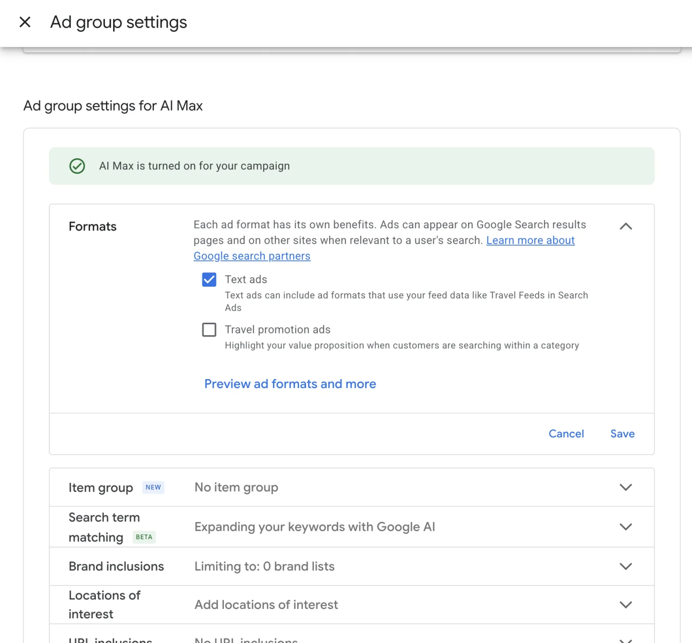 AI Max ad group settings showing Formats, Item group, Search term matching beta, Brand inclusions and Locations of interest