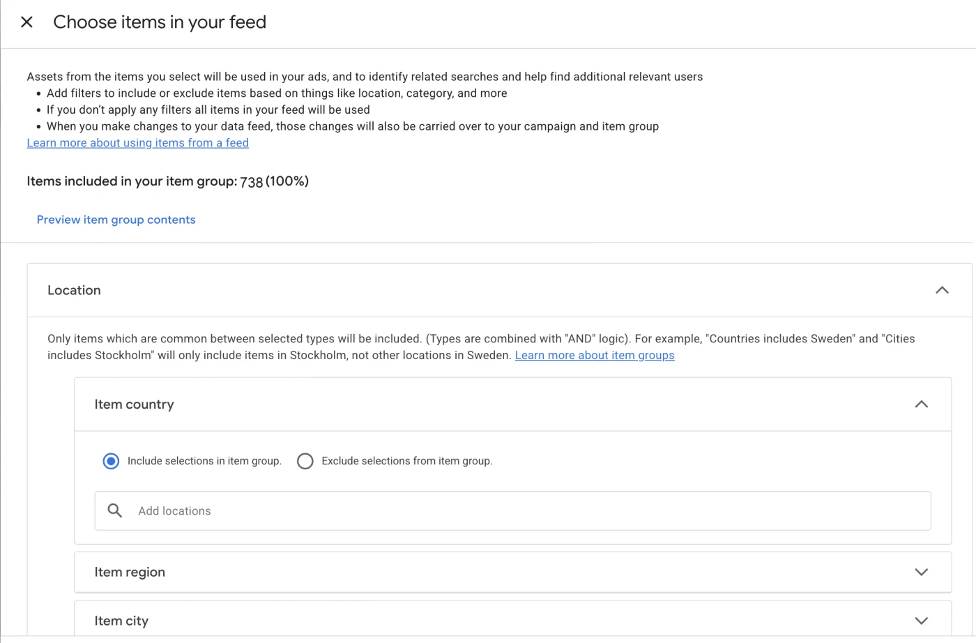 Feed item filters showing 876 items with country, region and city location filters