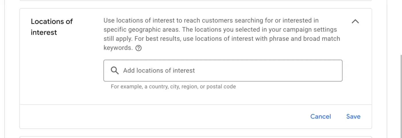 Locations of interest panel with Google help text