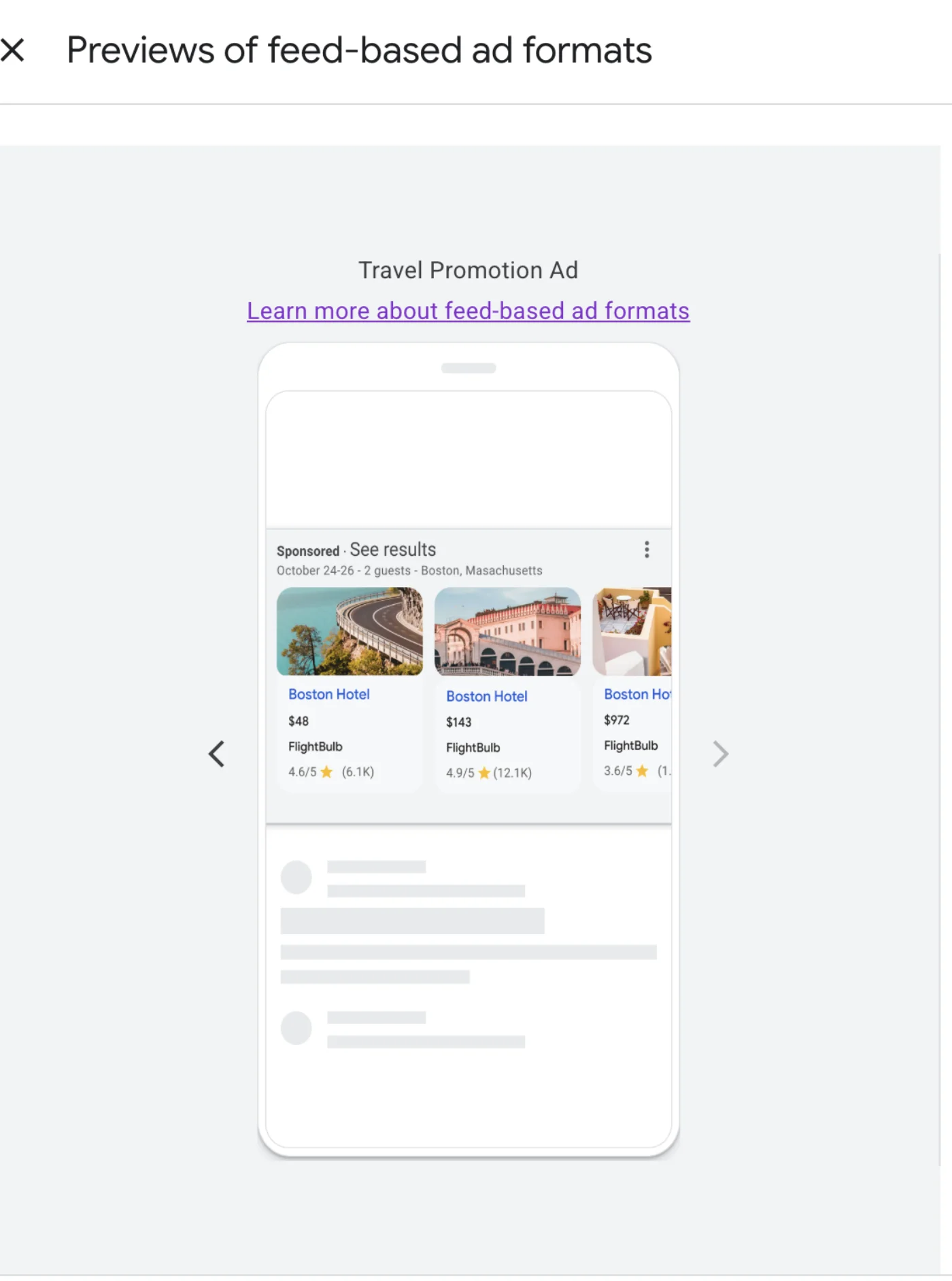 Preview of a feed-based travel promotion ad showing a carousel with prices and ratings